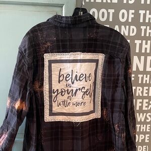Up cycled men's flannel flannel. Black Plaid Shirt with Inspirational Patch.
